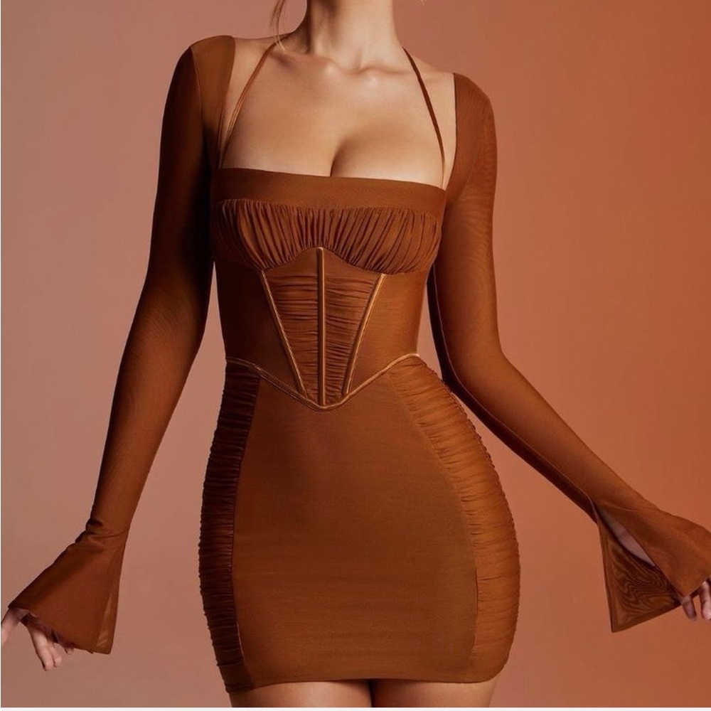 Oh Polly Elegant Brown Long Sleeve Dress